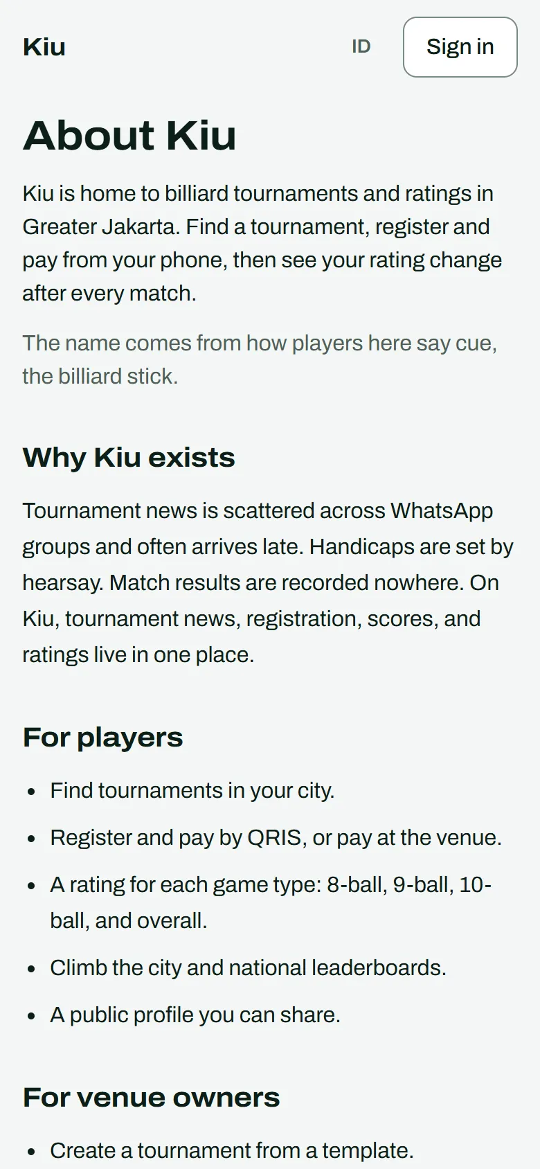 The About Kiu page: why Kiu exists and what players get