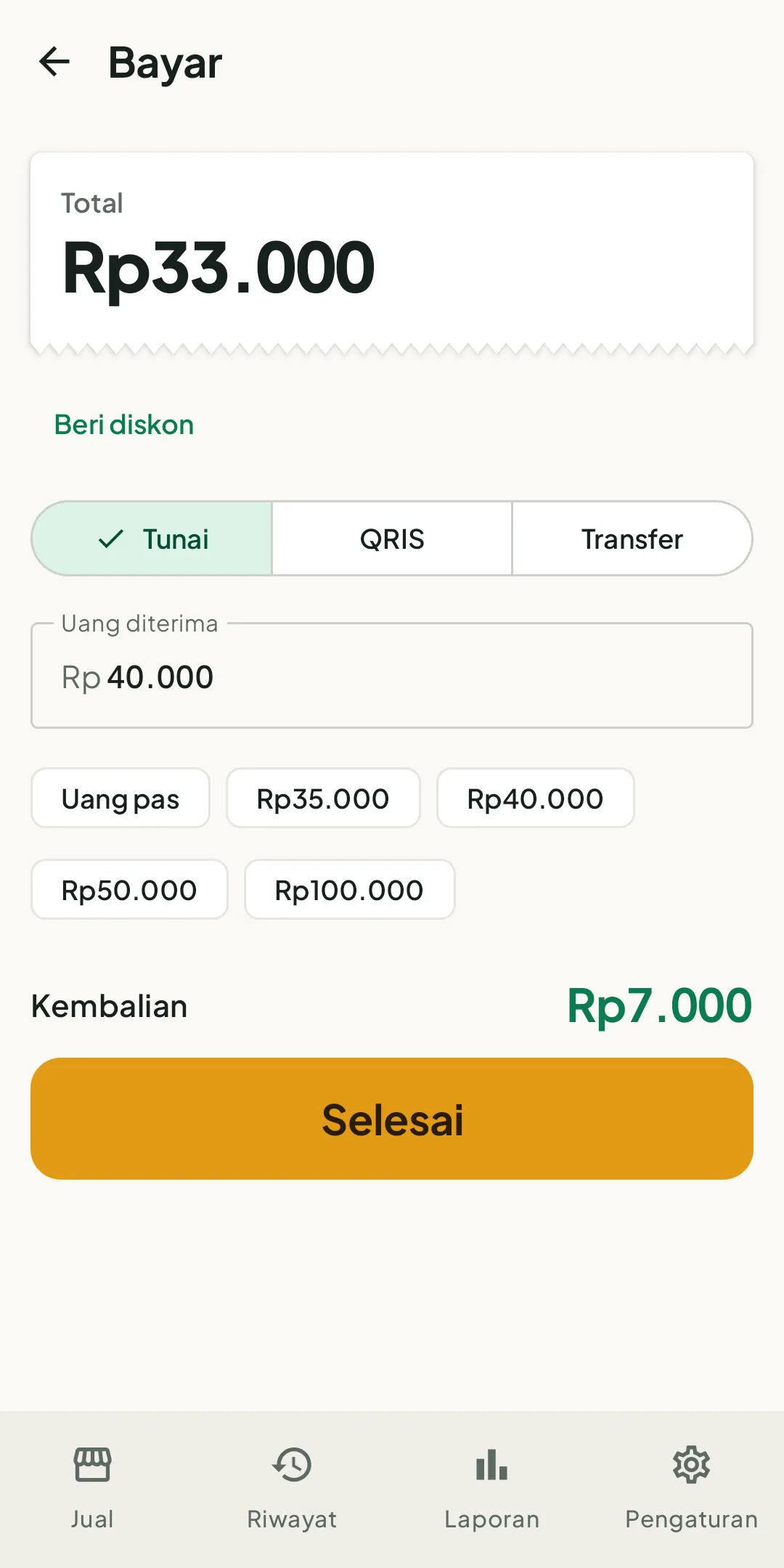 Layar bayar Kasmart dengan pilihan tunai, QRIS, dan transfer