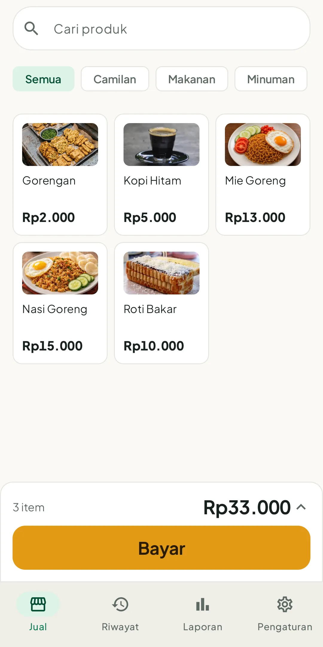 Layar jual Kasmart berisi grid produk dan total keranjang