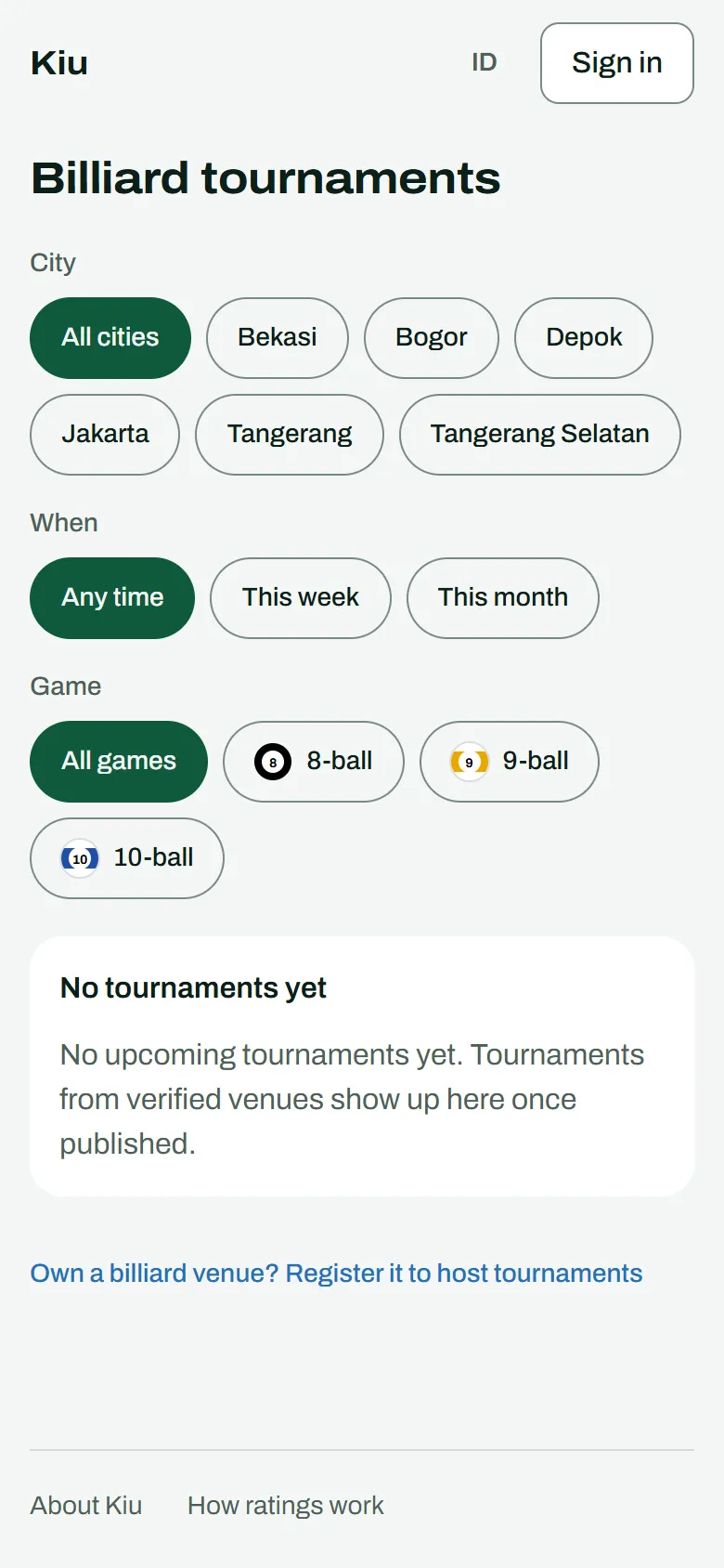 Daftar turnamen Kiu dengan filter kota, waktu, dan jenis permainan